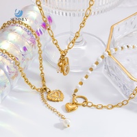 SUMMLY Collier en acier inoxydable plaqué or 18 carats, étanche, inaltérable, avec pendentif cœur, perle et zircon cubique, délicat, superposé, pour femme, usage quotidien