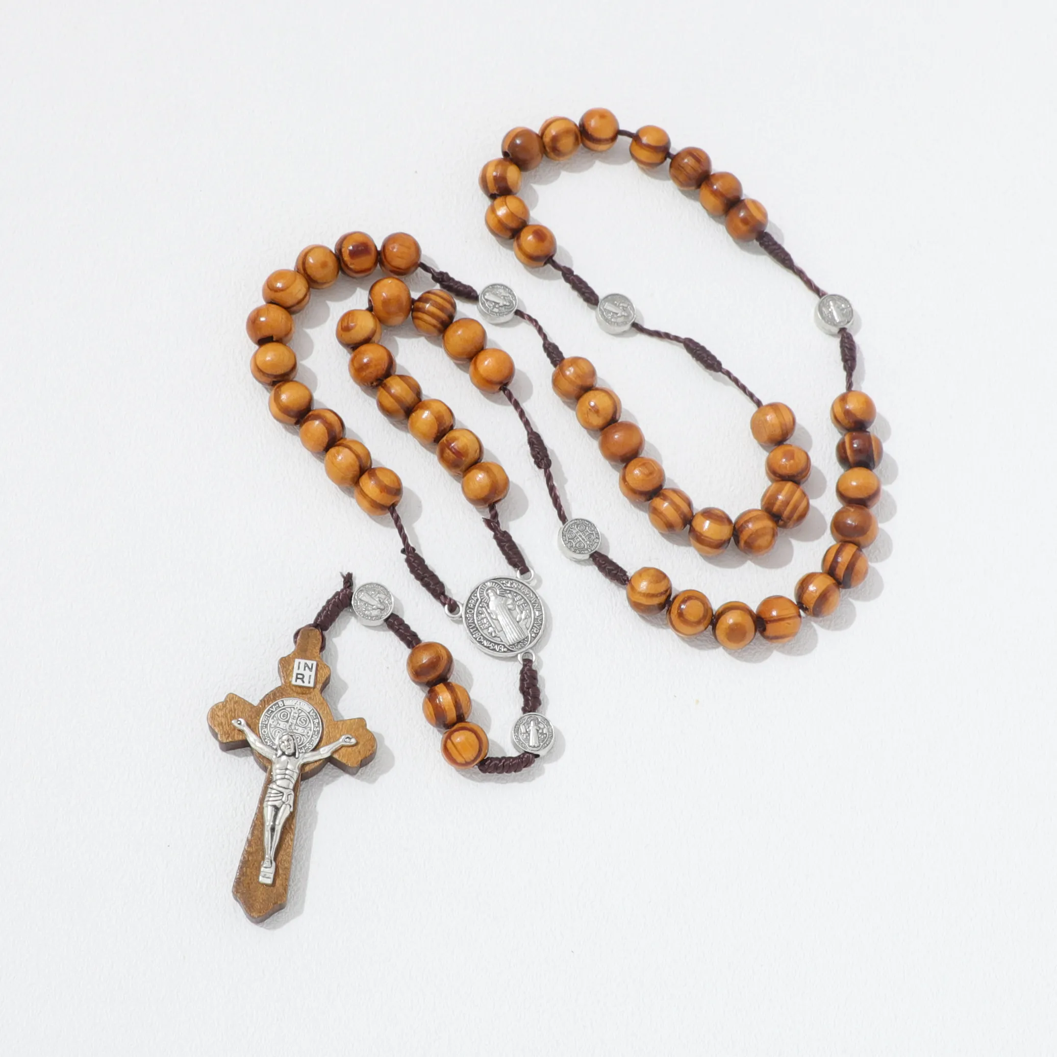 2024 Catholic Rosary Round Wooden Bead Handmade Line Christian Vintage Cross Ornament long Rosary Necklace