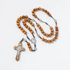 2024 cattolico rosario rotondo perline di legno fatte a mano linea cristiana Vintage croce ornamento lungo <span class=keywords><strong>corda</strong></span> rosario collana - Product Image 1
