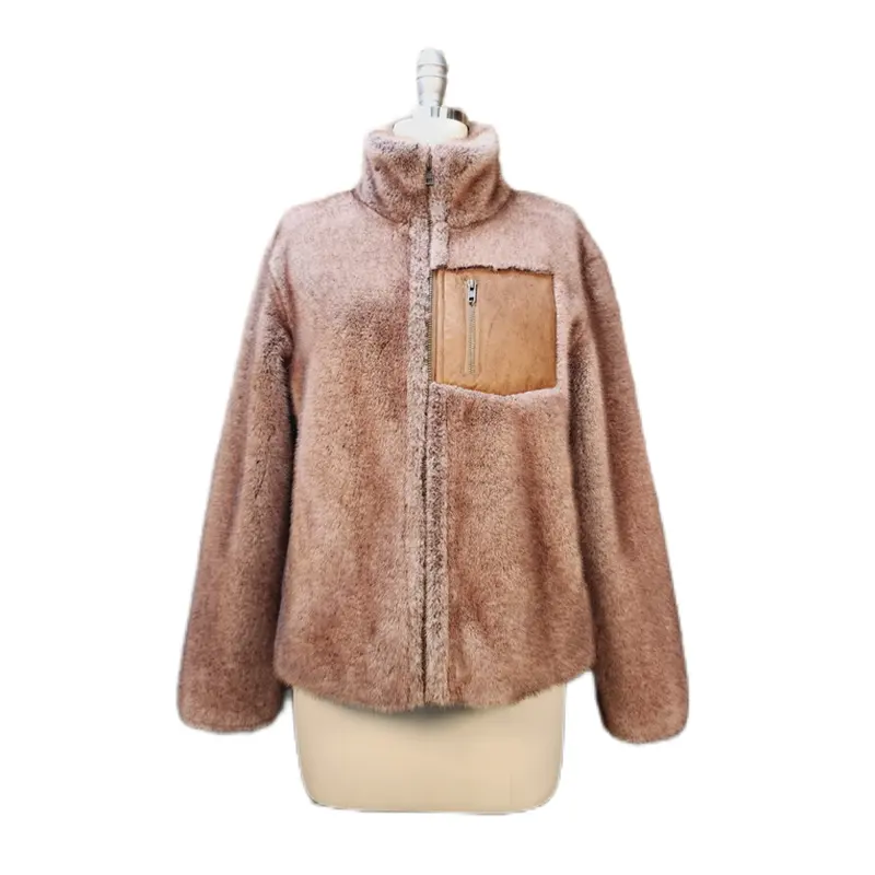 Multi-color Brown Black Casual Coat With Patch Pocket Premium Man-Made Faux Mink Fur Jacket For Female