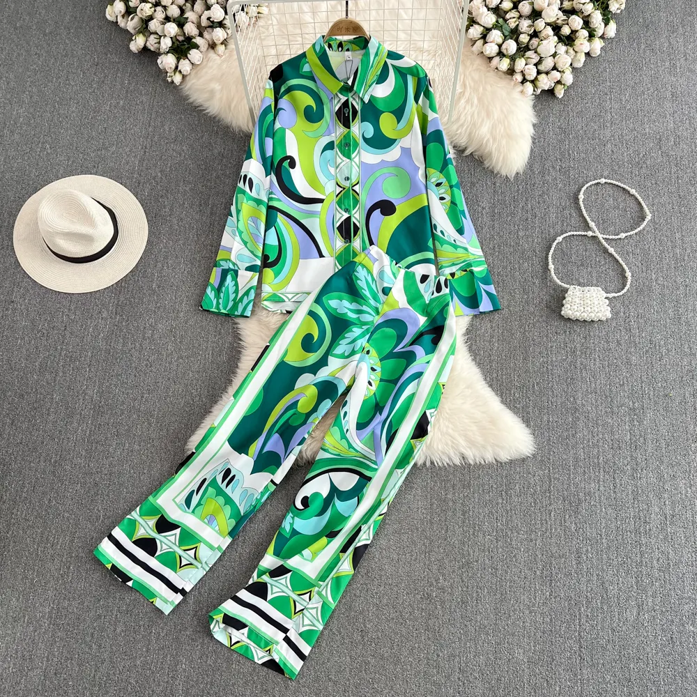Wholesale 2022 Spring Casual Loose Versatile Printed Single Breasted Shirt Two Piece High Waist Straight Long Pants Women's Suit