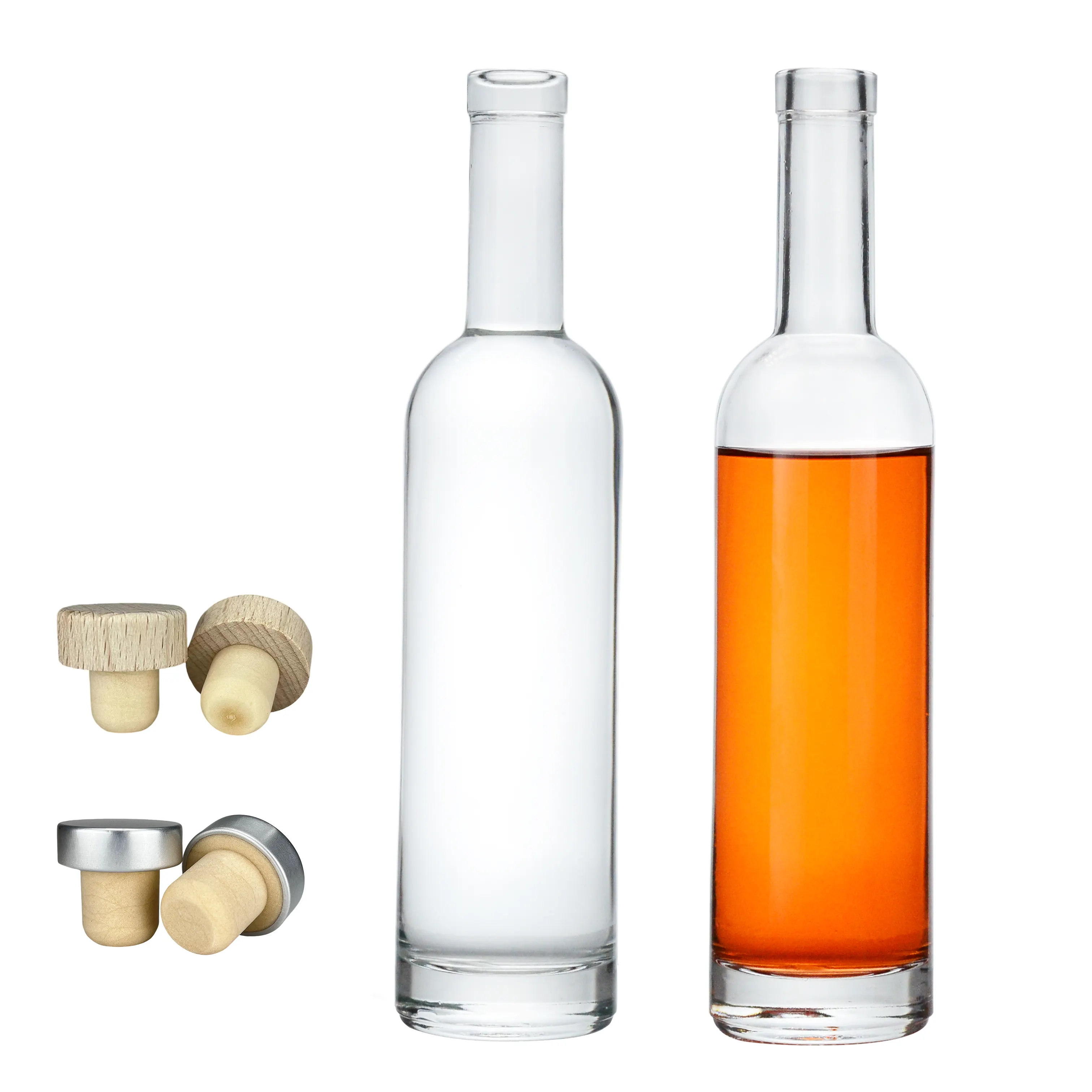 Botol anggur kaca Flint 750ml bulat bening kustom dengan tutup kayu gabus untuk wiski Vodka Tequila cairan lainnya dikemas dalam kotak
