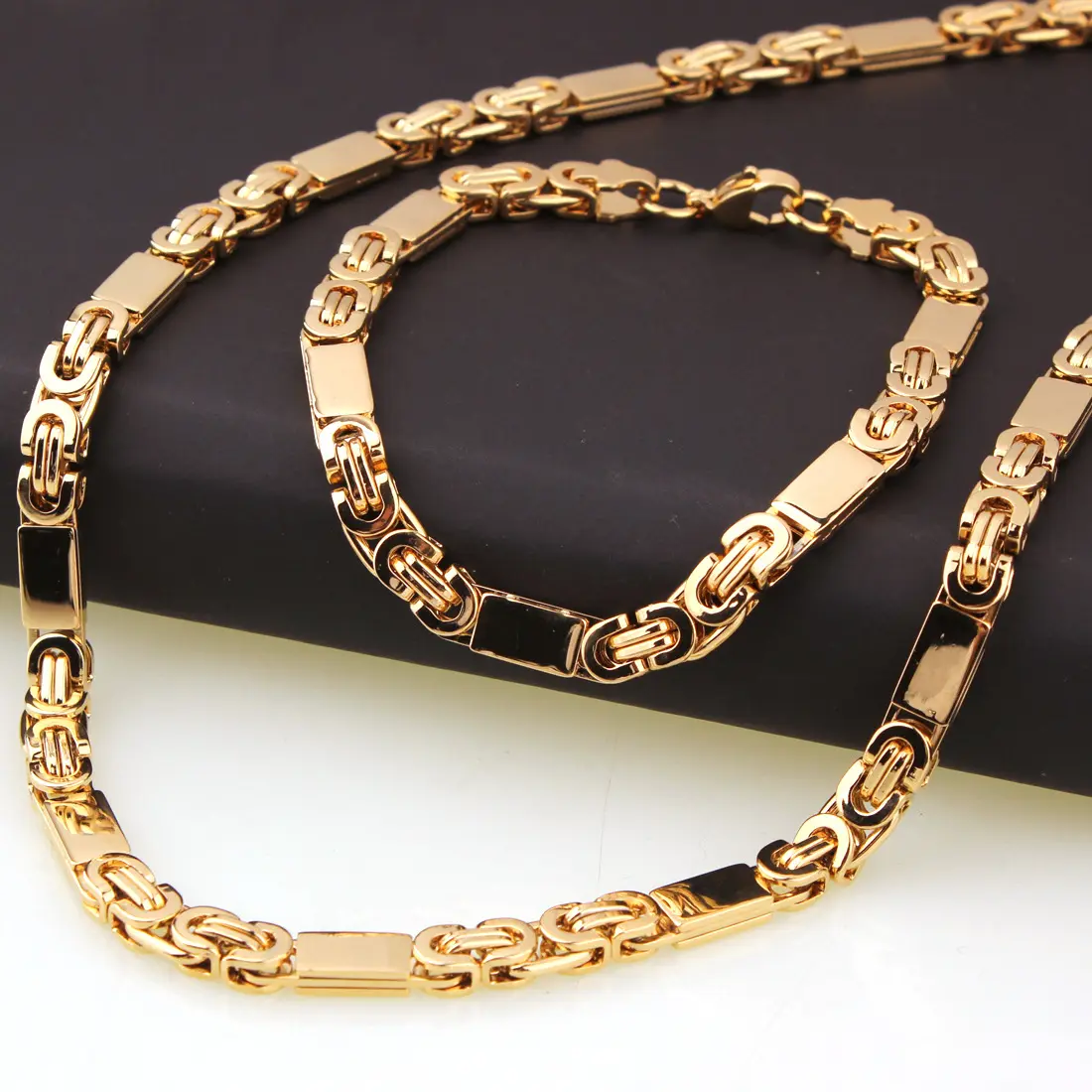 Hifive fashion luxury jewelry Gold Plating Figaro Chain Men's Stainless Steel Italian Solid Necklace & Bracelet Set