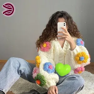 New Arrival Custom Floral 3D Flower Pattern Long Sleeve Handmade Cardigan Top Coat Hand Knitted Ladies Crochet Sweater