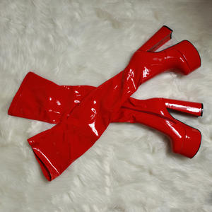 אופנתי העקב עבה פלטפורמה עמיד למים עור הפטנט סביב הבוהן עקבים גבוהים ברך מגפיים נשים מגפיים נשים - Product Image 5