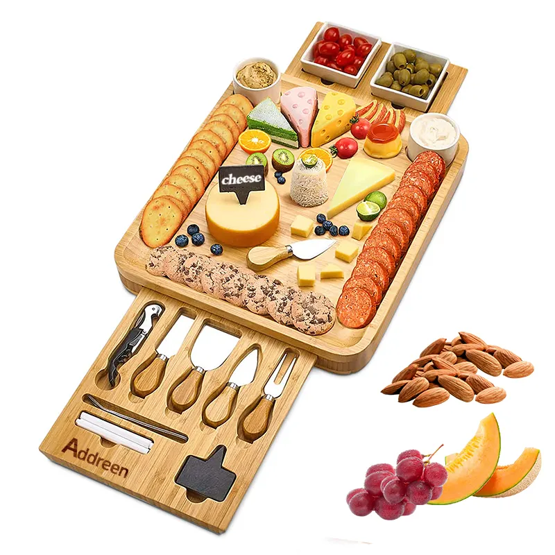 Addreen wholesale bamboo tabla de quesos wooden charcuterie cheese board platter and knife cutlery set