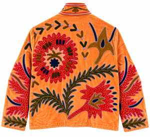 Elegant Orange <b>Velvet</b> Embroidered Solid Cotton Lining Bomber <b>Jacket</b> <b>Women</b> Handmade Ethnic Boho V-neck Long Sleeve Designer - Product Image 1