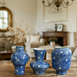 Speckled Cobalt Blue White Polka Dot Assorted Shapes Ceramic Vase Set Vintage <strong>Cottage</strong> Table Decor Vase - Product Image 3