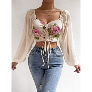 Nuova Camicetta Estiva da Donna con Scollo a V in Chiffon, Maniche a Lanterna con Coulisse, Aderente, Sexy e alla <span class=keywords><strong>Moda</strong></span> - Product Image 4