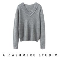 Pull en cachemire 100% à col en V, pull tricoté à bordure en dentelle pour femme, pull décontracté chaud, pull