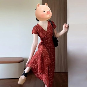 French Retro Red Floral Dress Women Summer V <b>Neck</b> <b>Tie</b> Waist Slim Fit Long Skirt Casual Daily Wear - Product Image 2