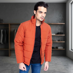 Chaqueta Acolchada Naranja para Hombre, Cuello Alto, Cierre de Cremallera, Resistente al Viento, Ropa de Invierno Informal, Acolchado Grueso de Poliéster - Product Image 3