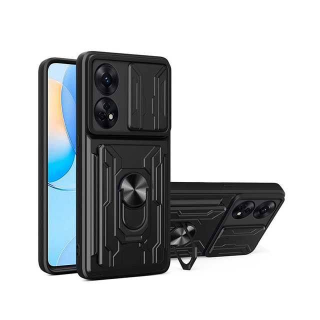 Magnetic Camera Protective Detachable Card Slot Holder Bag Armor Phone Case Ring Holder Kickstand Cover PC for OPPO RENO 8T 4G