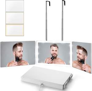 Miroir à trois volets de couleur blanche pour la coupe de cheveux, en verre véritable, réglable, avec lumière LED à trois températures de couleur pour le maquillage et le coiffage - Product Image 2