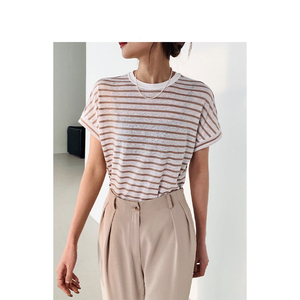<span class=keywords><strong>T</strong></span>-<span class=keywords><strong>shirt</strong></span> a righe <span class=keywords><strong>in</strong></span> <span class=keywords><strong>lino</strong></span> di cotone <span class=keywords><strong>t</strong></span>-<span class=keywords><strong>shirt</strong></span> da 2022 estate nuova girocollo Casual con sfilata sottile da <span class=keywords><strong>donna</strong></span> a righe - Product Image 5