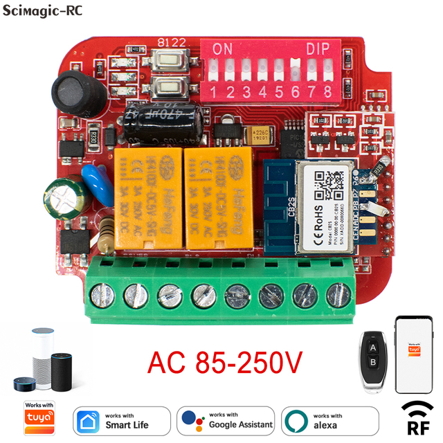 300-868MHz Works with Tuya WiFi and RF Control Receiver 2 Channels AC 85-250V Garage Door Switch for 433mhz 868mhz Gate Control