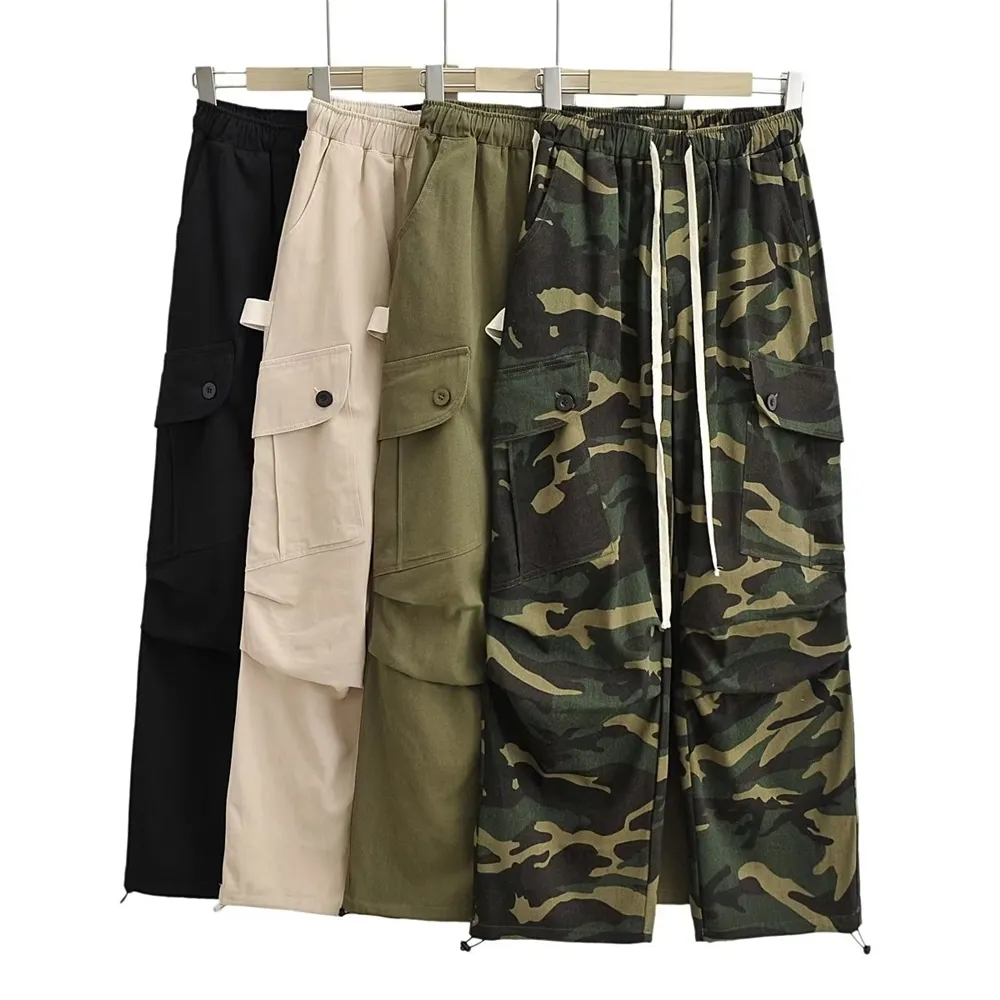 Celana Wanita Baggy Drawstring Pinggang Ruched Hiking Hippie Cargo Pants dengan Banyak Kantong