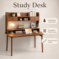 Bureau d'étude et bibliothèque intégrés en bois massif de caoutchouc, durable, minimaliste, compact et peu encombrant, idéal pour la maison et les étudiants.