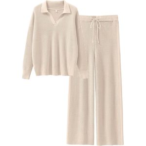 FOXA Women Waffle Knit <b>Sweater</b> <b>Set</b> Full Sleeve Matching Wide Leg Pants Casual Autumn Outfit Anti Pilling Knitted Tracksuit - Product Image 1