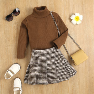 Vêtements d'automne pour enfants 2021, pull à col roulé pour filles, jupe à carreaux, tenue pour tout-petits, ensemble de vêtements - Product Image 1