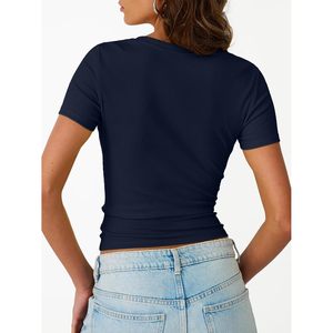 <b>Women's</b> Crewneck Ribbed Knit Fitted T-Shirt Regular Spandex Cotton Breathable Top - Product Image 4