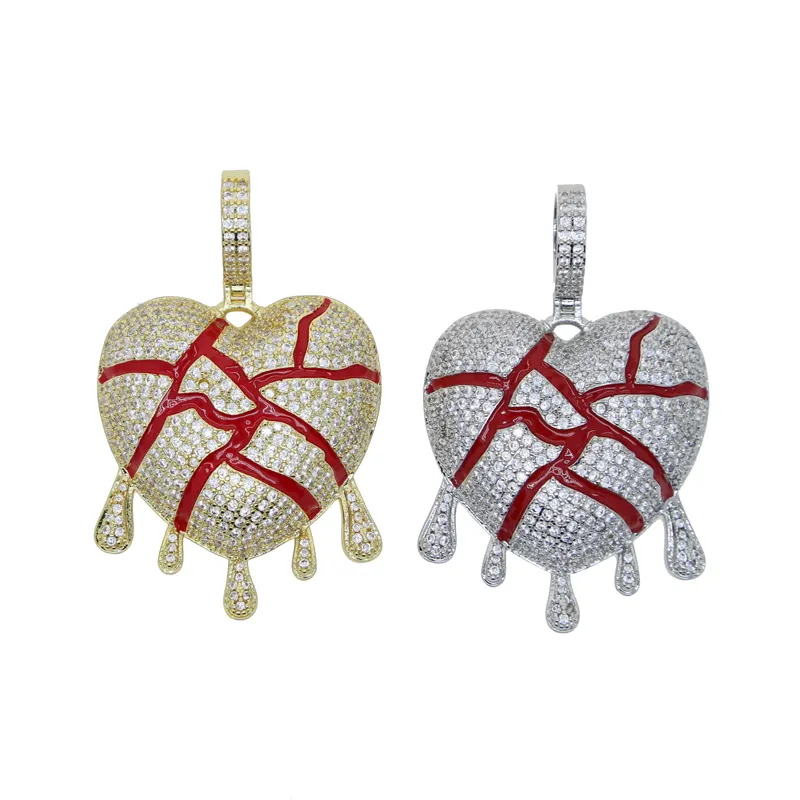 Fashion Men Hiphop Jewelry Wholesale Drop Shipping Gold Color Shiny Iced Out CZ Red Enamel Dripping Heart Pendant