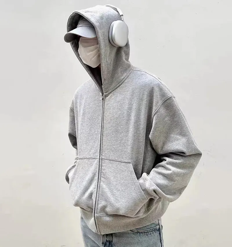 EH-036 Grau einfarbig Streetwear Hoodie schlichtes Design kurz geschnittener Pullover mit durchgehendem Reiß verschluss Hoodie Männer übergroße Hoodies leer