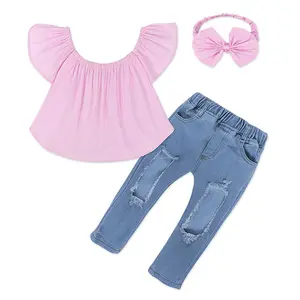 2021 Children jean suit pink one word shoulder garment torn denim pants headband girls clothing sets for wholesale