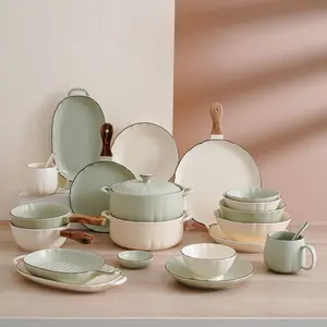 nordic high end commercial cheap green white plates ceramic mugs meat dishes dinnerware sets