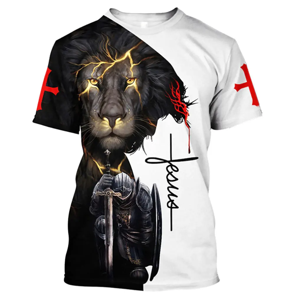 God Religion Christ Jesus And Lion 3D Print Men's T-shirts 0-Neck Short Sleeve Streetwear Loose Tops Tees Oversized T Shirts