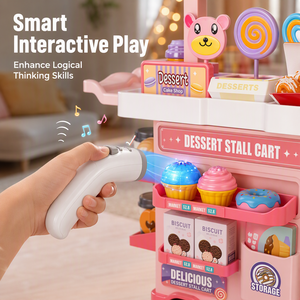 89 pièces Chariot de jeu de supermarché pour enfants, <span class=keywords><strong>avec</strong></span> <span class=keywords><strong>caisse</strong></span> <span class=keywords><strong>enregistreuse</strong></span>, scanner, sons et lumières, <span class=keywords><strong>jouet</strong></span> éducatif STEM, thème stand de desserts, 3+ - Product Image 2