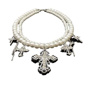 Collar de Gargantilla Cruzado de Doble Capa con Perlas de Imitación y Colgante con Incrustaciones de Diamantes, Joyería de Moda Blanca para Fiestas - Product Image 5