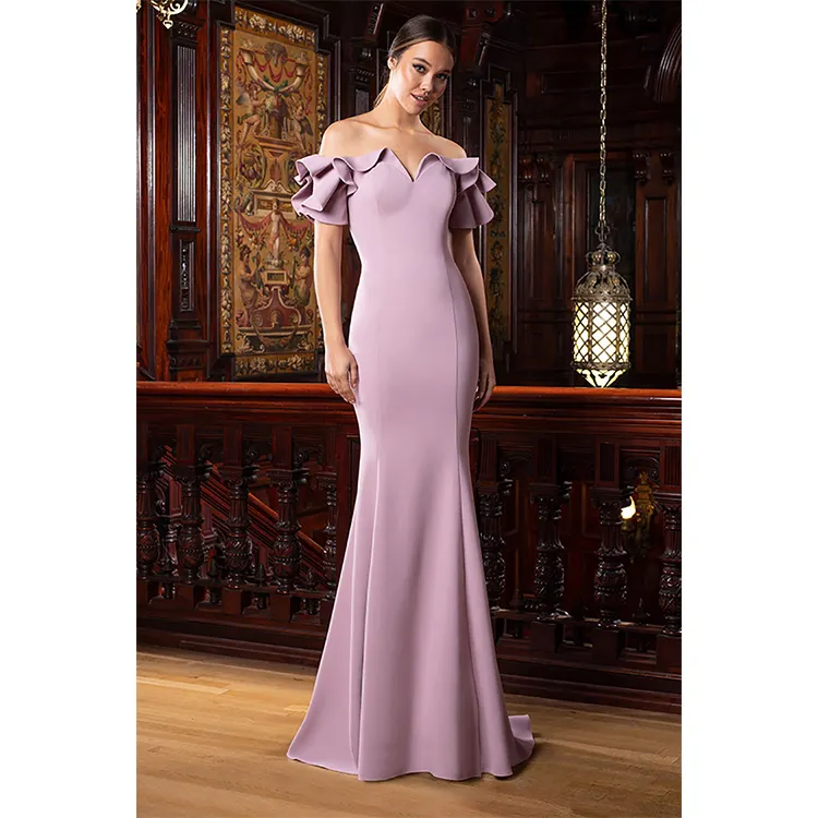 Newly Design Flutter Sleeve Gown Bridesmaid Satin Ruffle Fishtail Floor Length Evening Dress Formal Dress