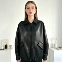 Veste en cuir décontractée noire pour femme avec poches à rabat, veste en cuir brillant tendance, vente en gros d'usine