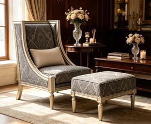 Sillón y Otomana de Lujo en Gris Paisley Francés, Sillón Tapizado para Sala de Estar con Estructura Dorada Champán - Product Image 3