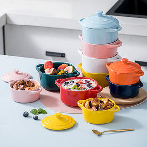 Marmite en céramique à double anse avec couvercle, idéale pour la cuisson vapeur à domicile, le plat à œufs, les plats mijotés, les desserts, la cuisson au four, utilisable au micro-ondes et en <span class=keywords><strong>camping</strong></span>, design moderne - Product Image 1