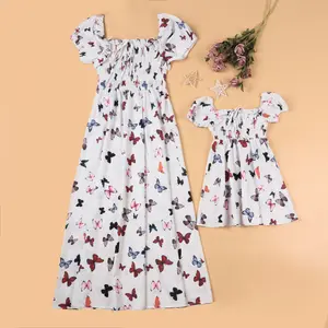 Family Matching Clothes Butterfly Printed Long Dress Mother Daughter Summer Mommy and Me Family Matching Outfits Dress
