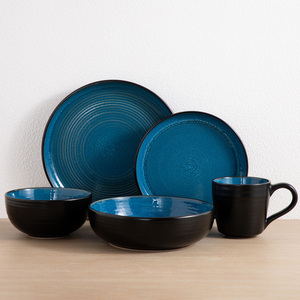 Blue Kiln Change Swirl Stoneware Dinner Set Black Exterior Ceramic Tableware Microwave Safe Custom Wholesale - Product Image 1