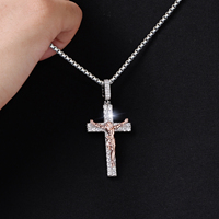 Collier Crucifix Homme Femme Chaîne Croix Jésus Sertie de Zirconiums Cubiques 5A Plaqué Or Blanc/Or 18 Carats/Or Rose, Grand Pendentif Chrétien
