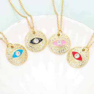 Collier en émail vert turc anti-mal avec yeux du diable multicolores géométriques ronds, bijoux en émail - Product Image 1