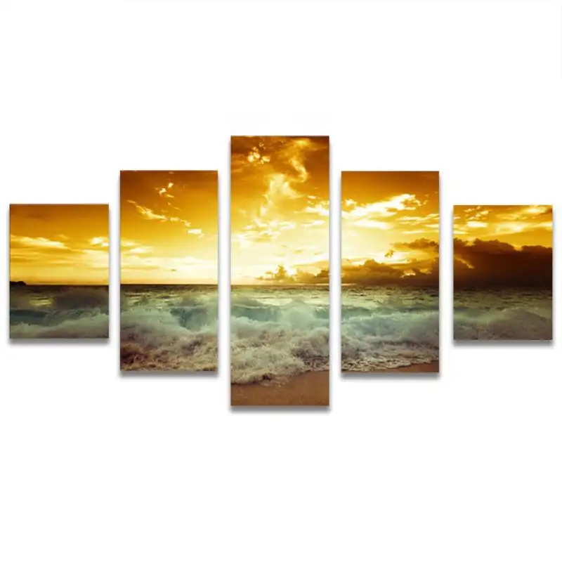 Arte mural de luxo para casa moderna, cinco colagens de paisagem marítima, pintura decorativa, paisagem à beira-mar, pôr do sol