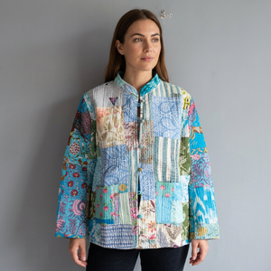 Quilted <b>Patchwork</b> <b>Jacket</b> Women's Mandarin Collar Full Sleeve Cotton Spring Style Regular Length Button Closure Patch Design gift - Product Image 1