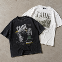 T-shirt TaiDe certifié GRS 250GSM délavé à l'acide, imprimé gothique Jésus Église, effet vieilli avant et arrière, bicolore, logo personnalisé, OEM ODM, vente en gros