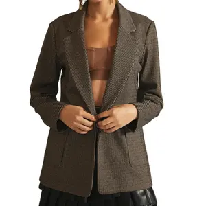 Kadın moda tek göğüslü ofis giyim Blazer ceket Vintage uzun kollu cepler kadın giyim Chic Femme ceket