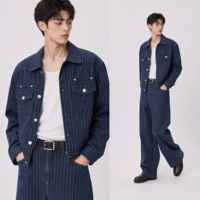 Ensemble en jean thermique décontracté pour homme, 2 pièces, veste à rayures fines et pantalon large, tenue assortie marine, streetwear, vente en gros