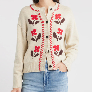<span class=keywords><strong>Cardigan</strong></span> Oversize in Maglia con Ricamo Floreale Crema e Dettagli Rossi, Manica Lunga, Produzione ODM e OEM Wisrise - Product Image 1