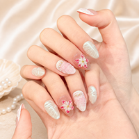 Kuku Palsu Premium Pink Pearl 3D Flower Shell French Short Almond Reusable Handmade Press on Nails Custom Logo Grosir