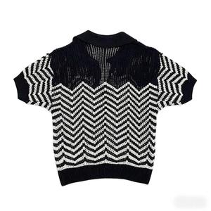 <strong>Women</strong> <strong>Navy</strong> White Pattern Type: Striped Knit <strong>Top</strong> Short Sleeve Collar: V-neck Hollow Out Casual Sweater - Product Image 3