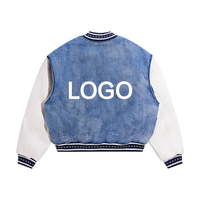 Blouson aviateur en denim délavé pour hommes manteau de pilote universitaire brodé de logo personnalisé avec manches contrastées