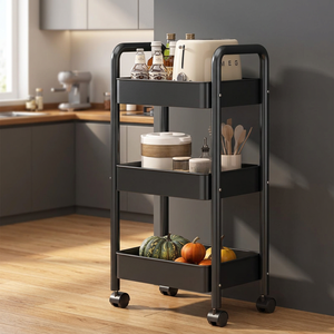 Carrito de Almacenamiento Metálico de Tres Niveles con Ruedas para Organización de Cocina, Estante Vertical Moderno, Negro - Product Image 2